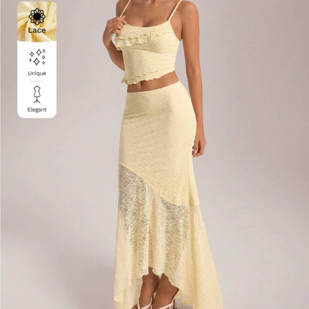 Yellow lace ruffle tank top & high-low skirt set